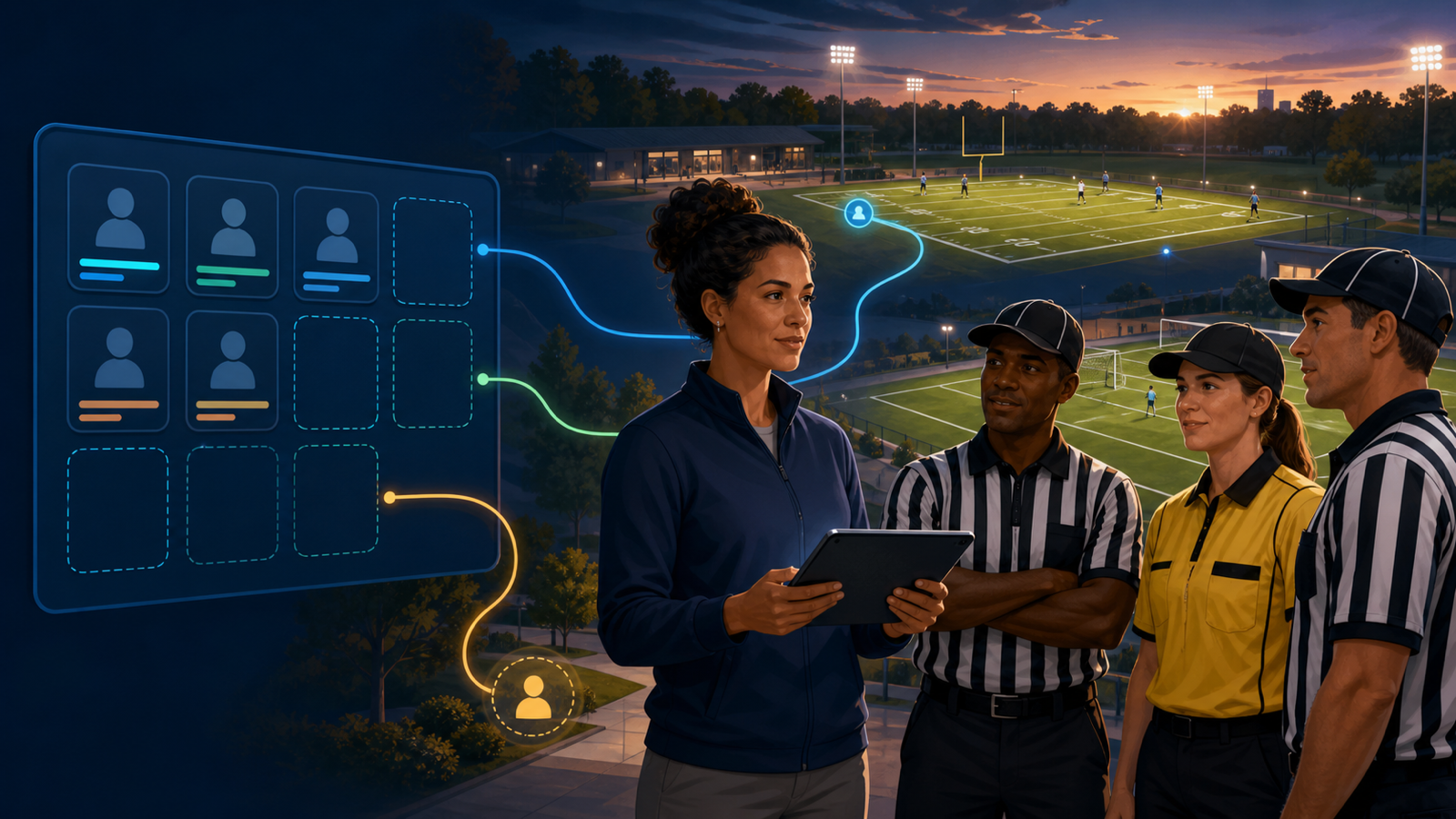 A league administrator and sports officials review open assignment slots across football and soccer fields after fall opening weekend.