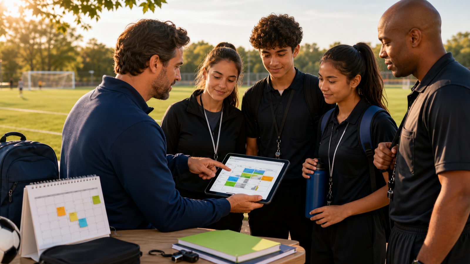 Youth sports officials and a league administrator review a fall availability calendar beside a field before the school year begins.
