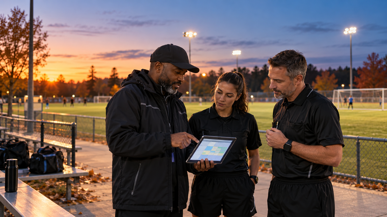 A youth sports league administrator and two referees review an evening schedule beside illuminated soccer fields at sunset.