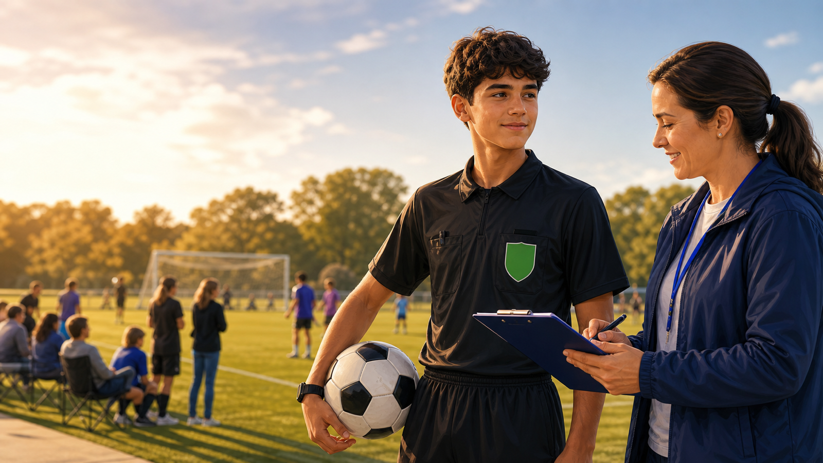 A teenage soccer referee wearing a green badge reviews a preseason protection checklist with a supportive league administrator beside a youth soccer field.