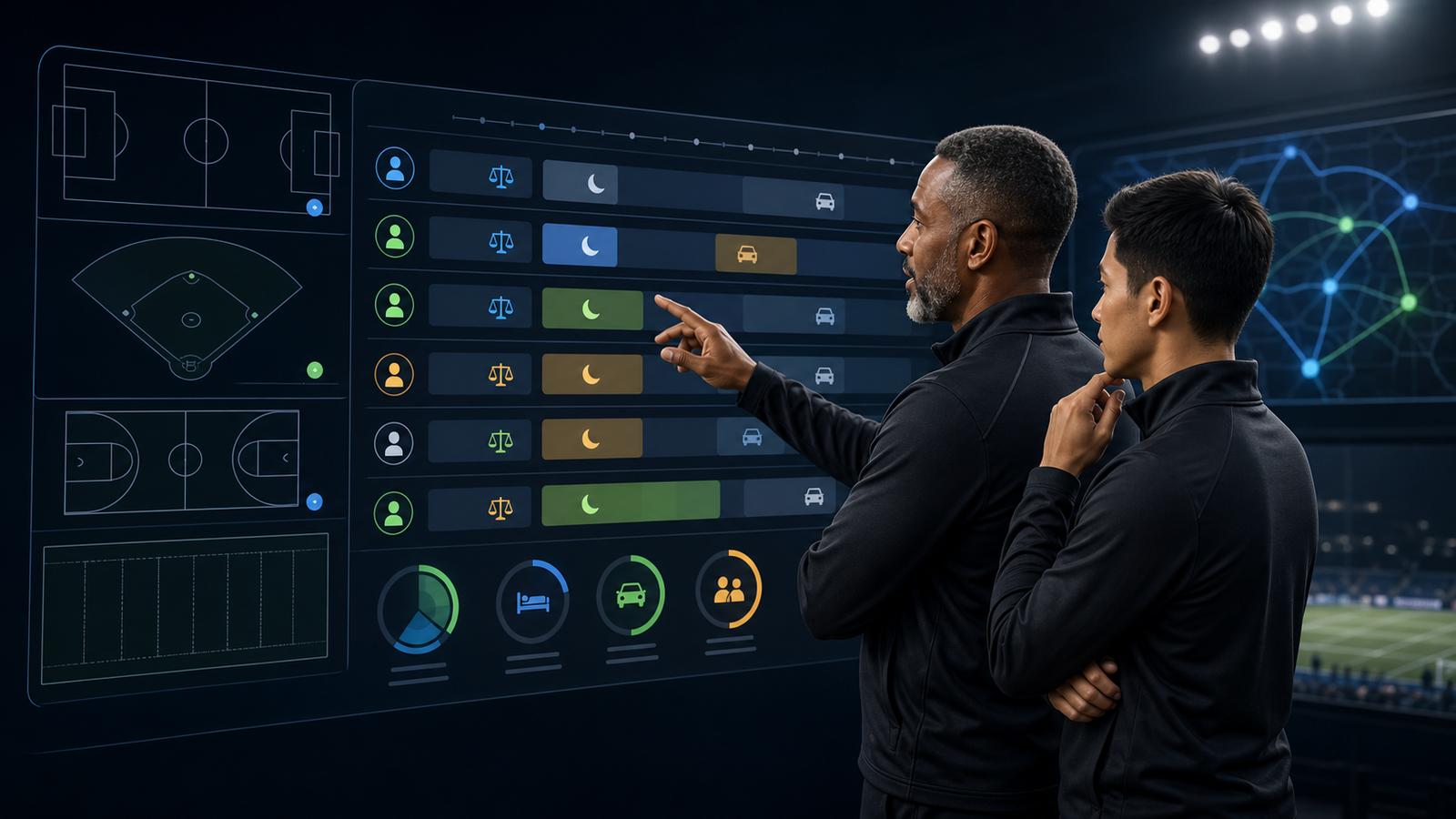 An experienced youth sports official and a newer official review a balanced assignment board with workload, rest, and travel indicators.