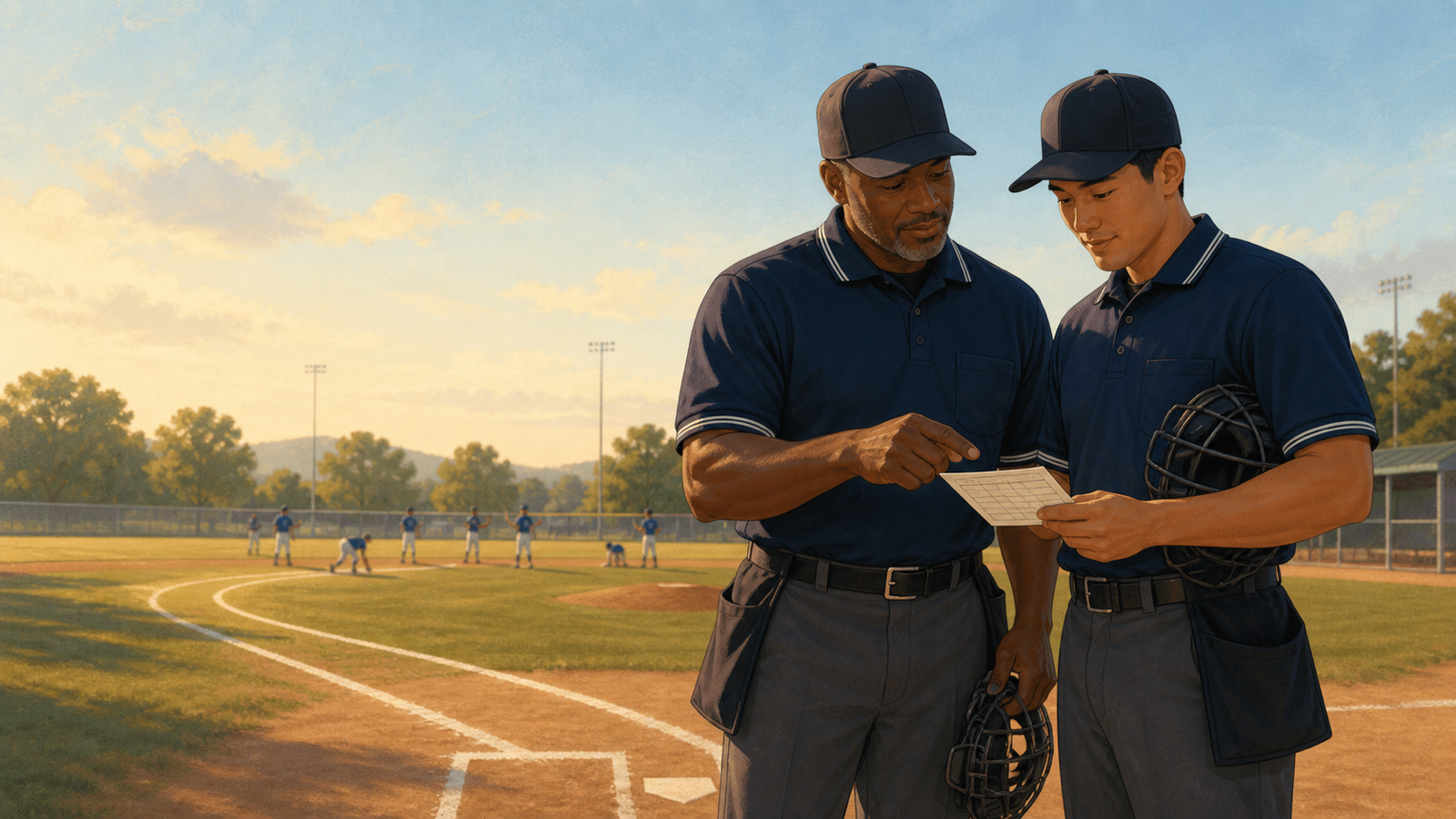 Experienced adult baseball umpires mentor developing officials along a visible path across a community field.