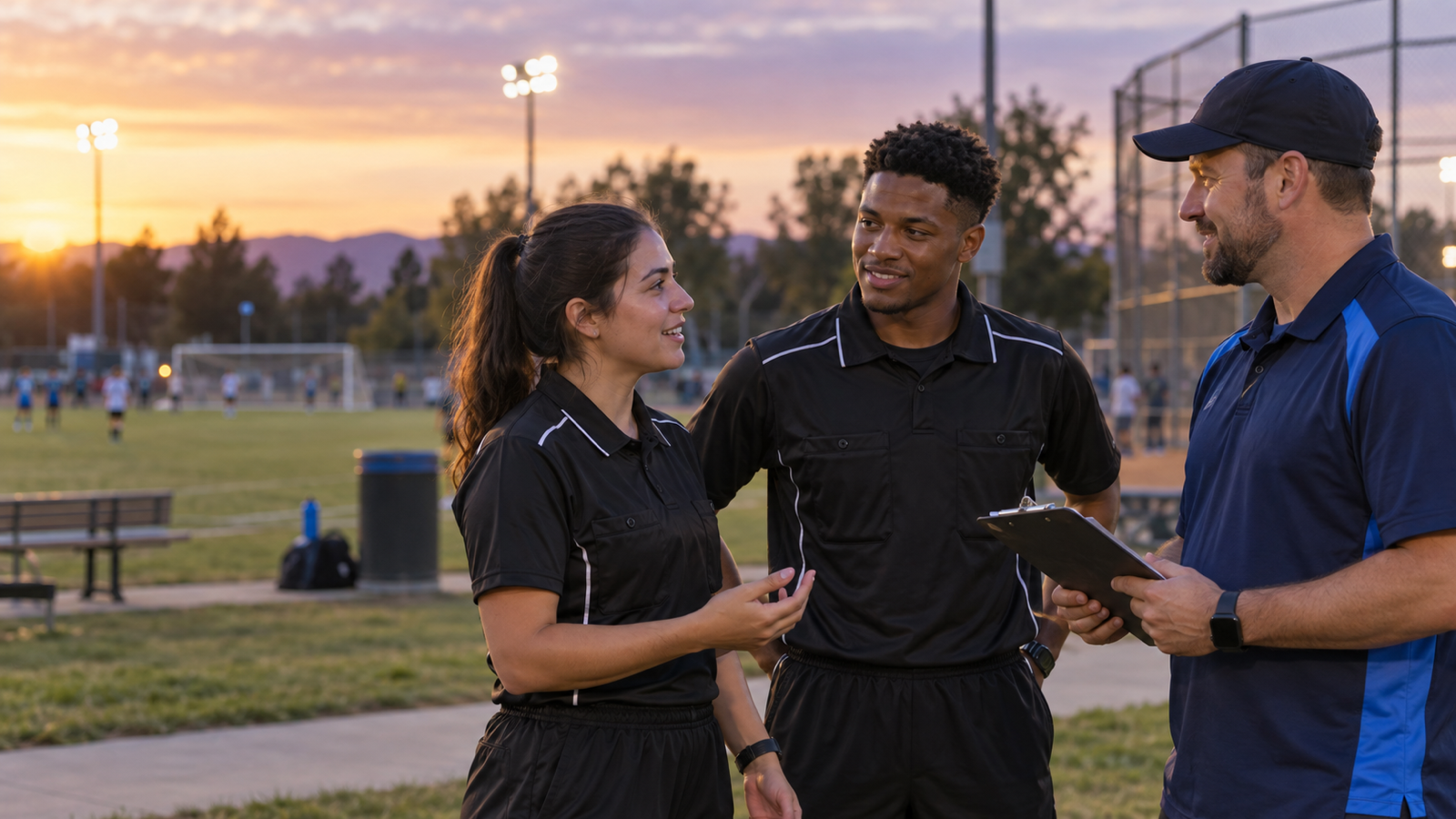 A league administrator listens to two first-year sports officials during a supportive midseason check-in beside community fields at sunset.
