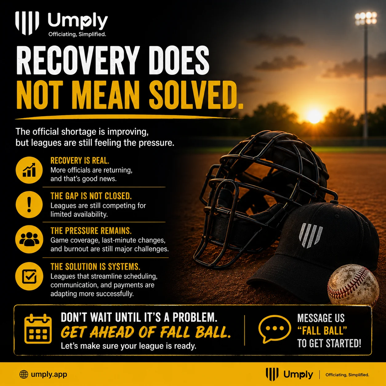 Umply infographic explaining that official recovery is real but leagues still face availability gaps, game coverage pressure, and burnout.