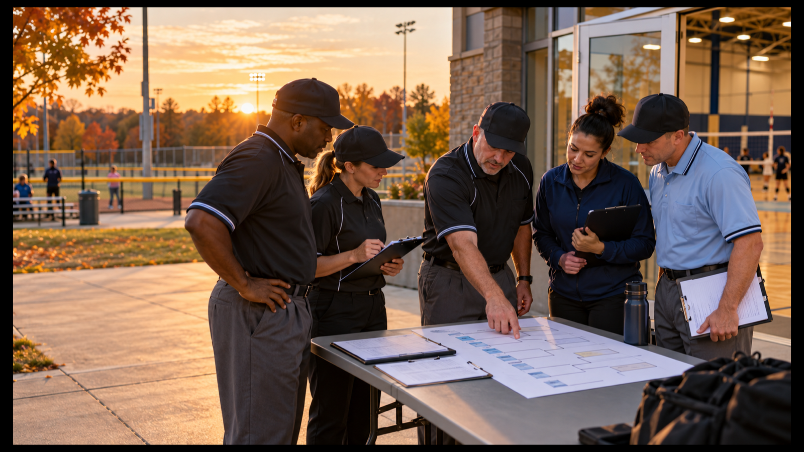 League administrators and sports officials review a postseason bracket and assignment plan outside a community sports complex in autumn.