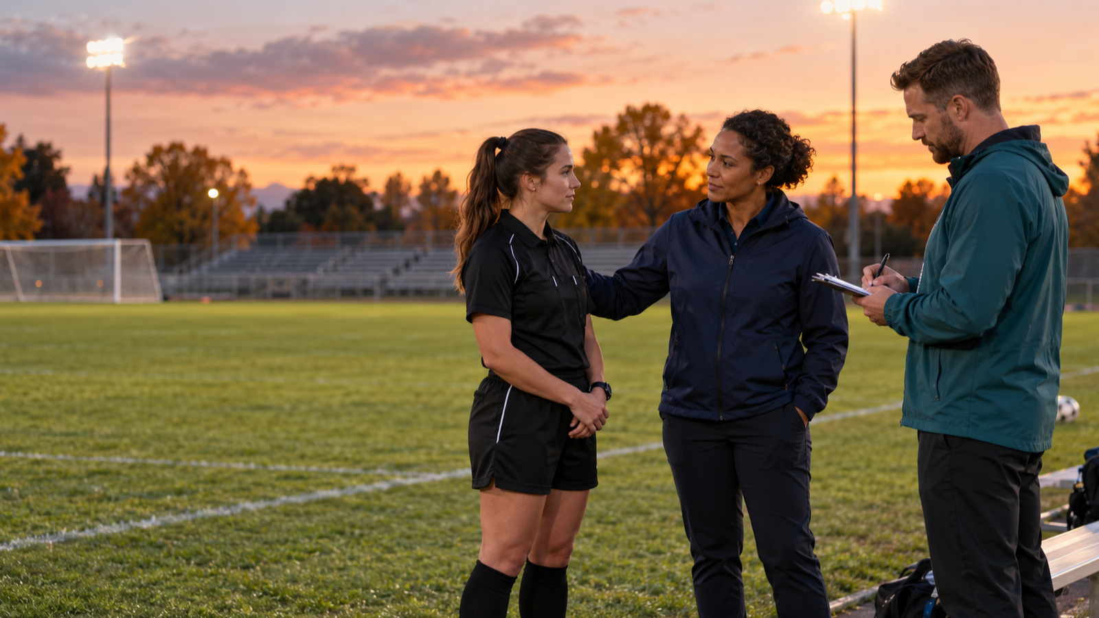 A youth sports league administrator checks in with a referee after a game while another staff member documents the incident.