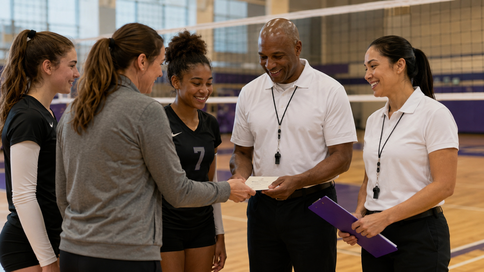 Youth volleyball players and a coach thank two officials beside the net before a match.