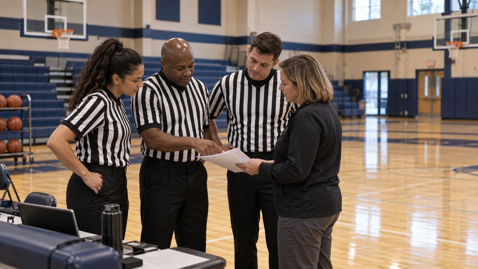 Three youth basketball referees and a league administrator review a preseason schedule beside the scorer's table in a community gym.