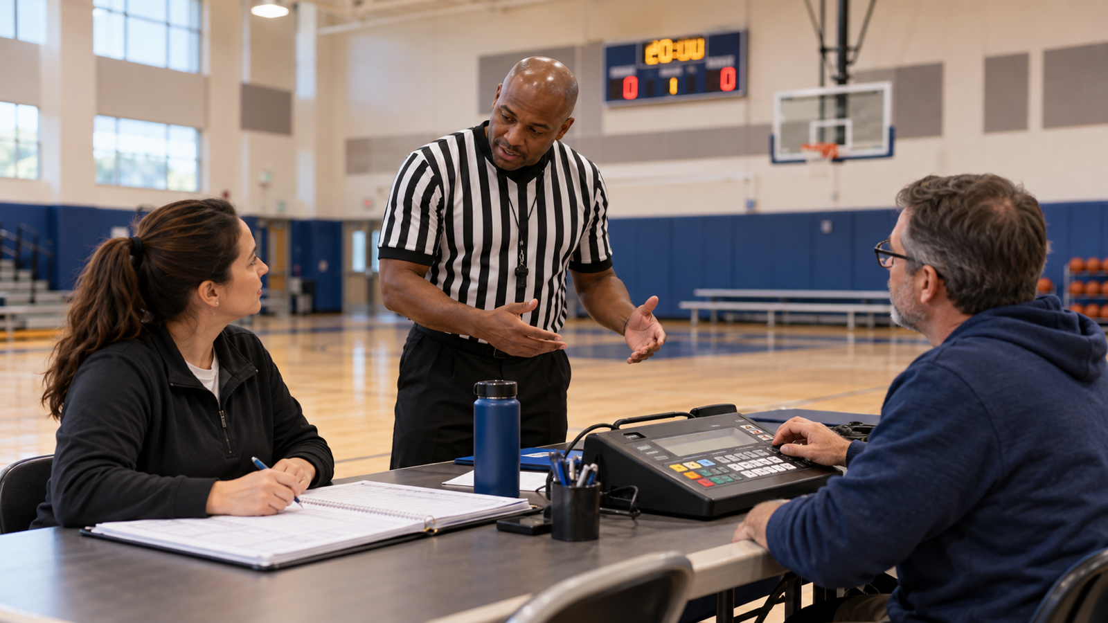 A basketball referee briefs two adult scorer's-table volunteers beside a game-clock console and scorebook in a community gym.