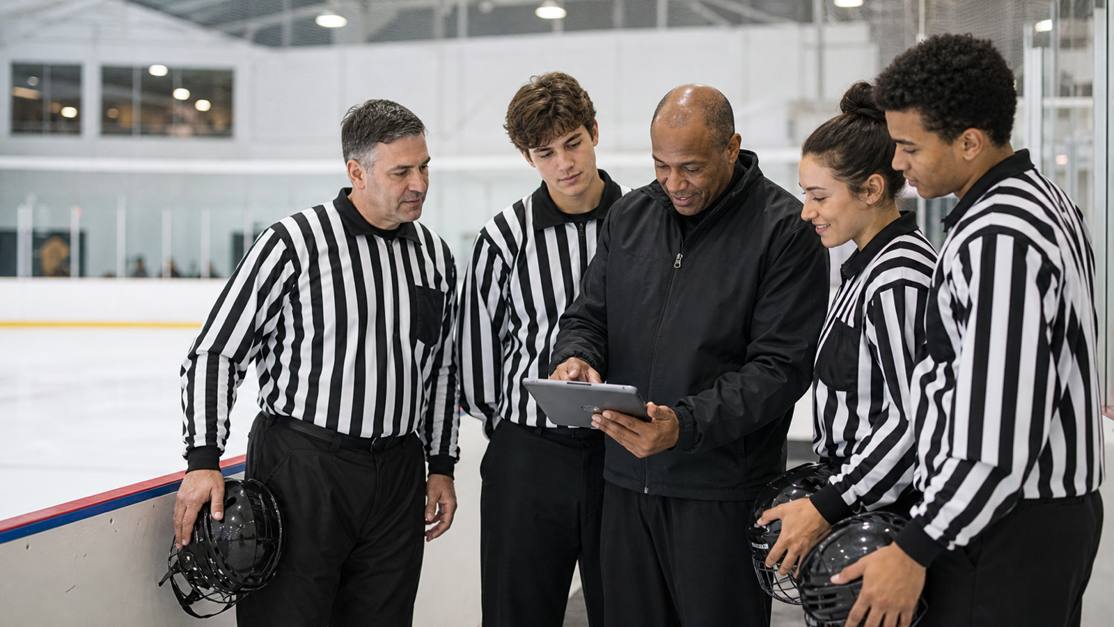Youth hockey referees and a league administrator review preseason assignment readiness together at an ice rink.
