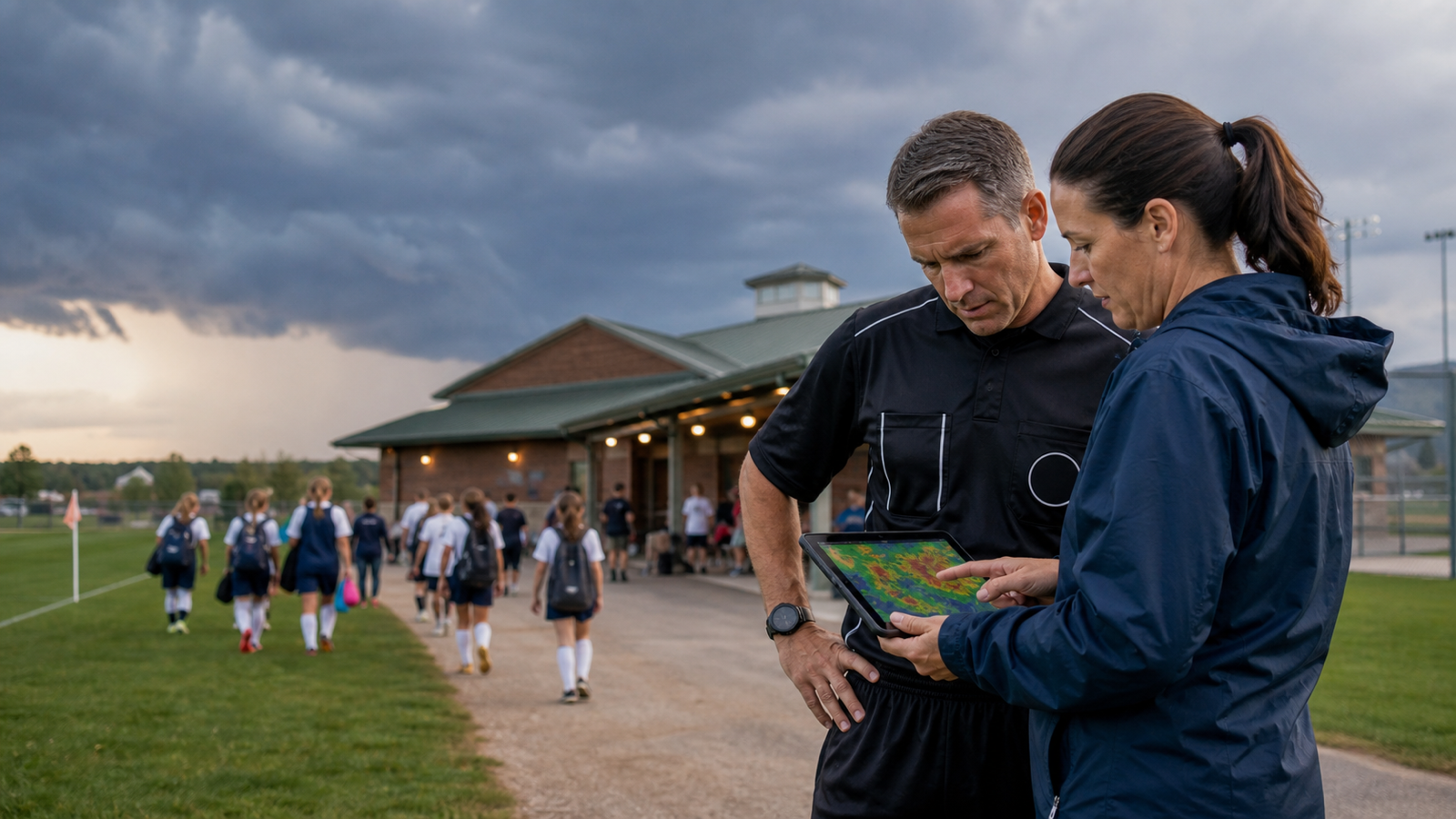 A youth soccer referee and league administrator review weather radar as teams calmly move toward a safe clubhouse before a thunderstorm.